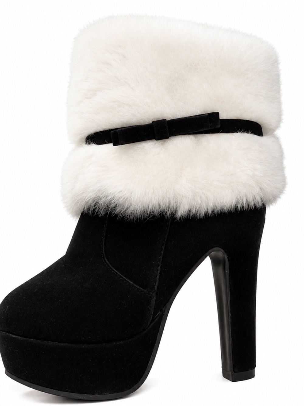 Black Suede Platform Bootie with White Faux-Fur Cuff heeled boots SZ 36 (6)